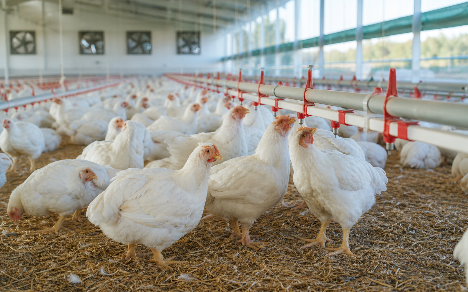 Healthy poultry flock around clean drinking-water lines in a ventilated shed